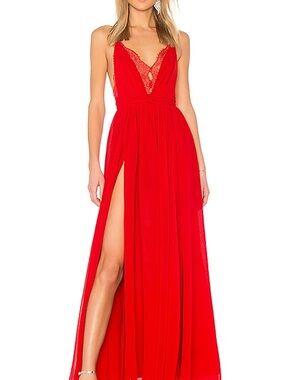 Michael Costello x REVOLVE Red Lace-Trim Plunge Evening Split Gown